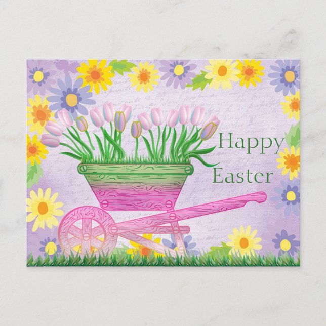 Cute ColorfulFlowers,Wheelbarrow,Tulips Postcard (Front)