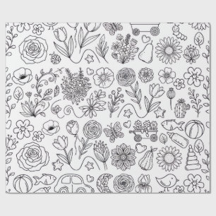 Cute Colour-In Floral Doodles Kids Colouring Wrapp Wrapping Paper