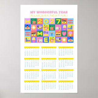 Cute Colourful 2027 Year at a Glance Calendar Post Poster