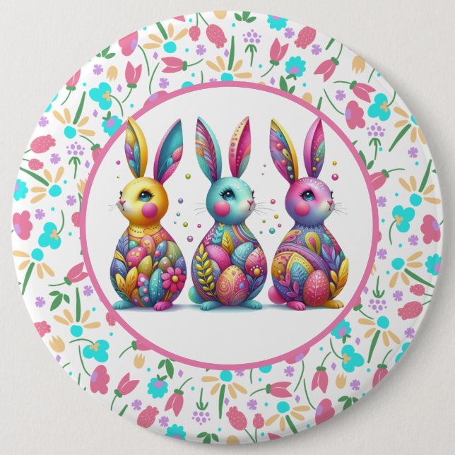 Cute, colourful 3 Easter bunny 6 Inch Round Button (Front)