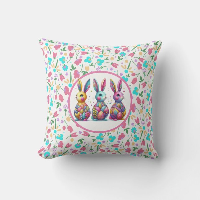 Cute, colourful 3 Easter bunny Throw Pillow (Front)