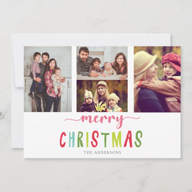 Cute Colourful 4 Photo Merry Christmas Flat Card (Front)