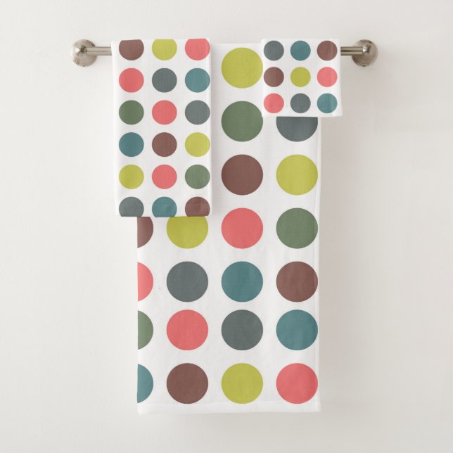 Cute colourful 70s pattern with polka dots bath towel set (Insitu)
