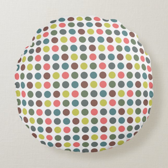 Cute colourful 70s pattern with polka dots round pillow (Front)
