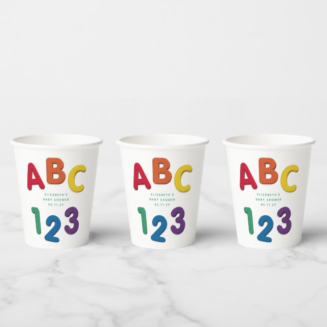 Cute colourful ABC 123 neutral baby shower Paper Cups (Multi)