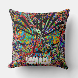 Cute colourful abstract angry skull throw pillow