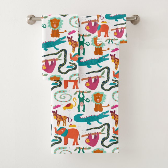 Cute Colourful Abstract Animals Kids Bath Towel Set (Insitu)
