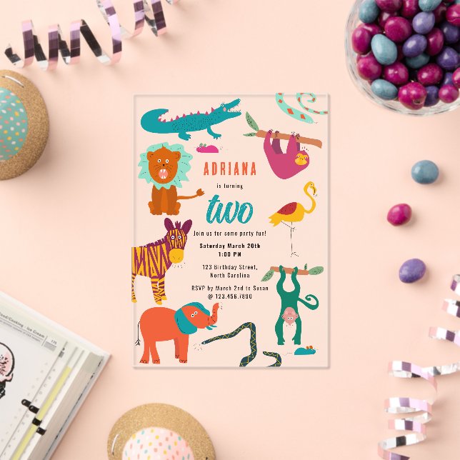 Cute Colourful Abstract Animals Kids Birthday Part Acrylic Invitations (Insitu (Celebration))