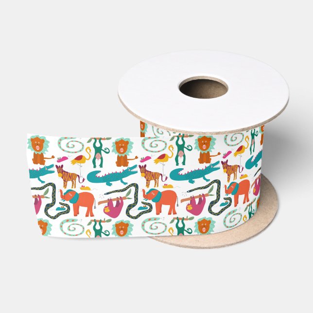 Cute Colourful Abstract Animals Kids Pattern Satin Ribbon (Spool)
