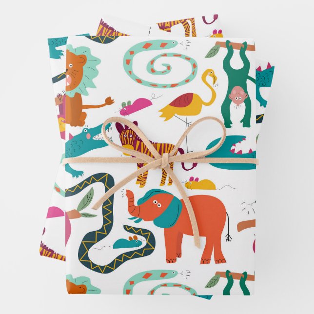 Cute Colourful Abstract Animals Kids Pattern Wrapping Paper Sheet (In situ)