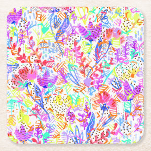 Cute colourful abstract flowers patterns square paper coaster