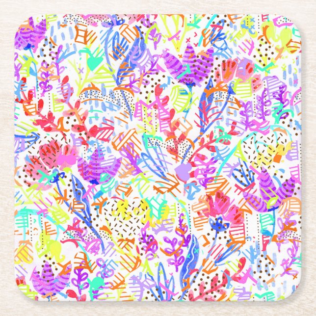 Cute colourful abstract flowers patterns square paper coaster (Front)
