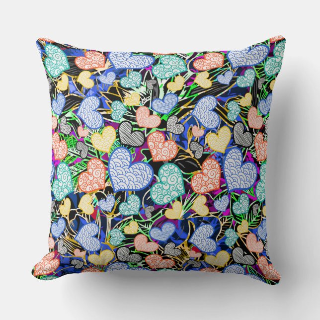 Cute colourful abstract hearts patterns throw pillow (Front)