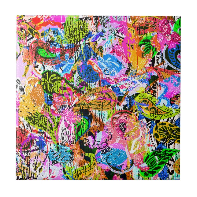 Cute colourful abstract mixed paisley flowers tile (Front)