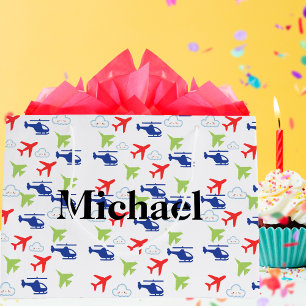 Cute Colourful Airplane & Clouds Aviator Custom Large Gift Bag