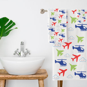 Cute Colourful Airplane & Clouds Aviator Fun Bath Towel Set