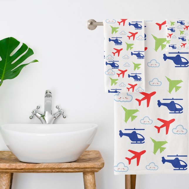 Cute Colourful Airplane & Clouds Aviator Fun Bath Towel Set (Creator Uploaded)