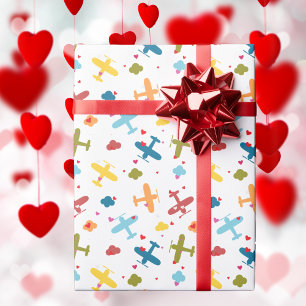 Cute Colourful Airplane & Heart, Valentine's Day Wrapping Paper