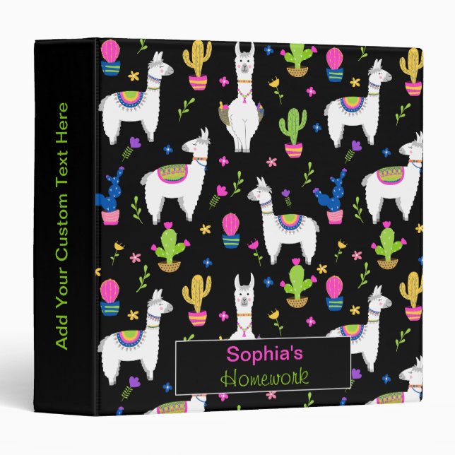 Cute Colourful Alpaca Cactus Custom Name Binder (Front/Spine)