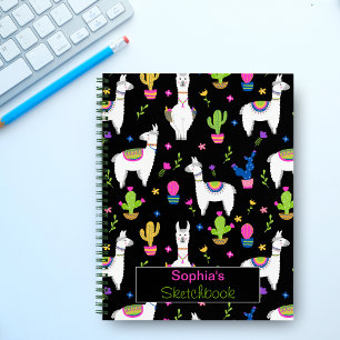 Cute Colourful Alpaca Cactus Custom Name Black Notebook