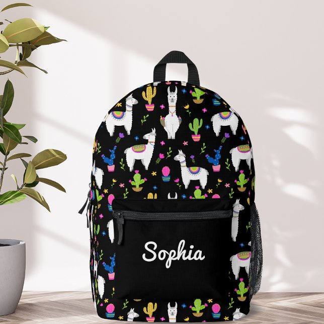 Cute Colourful Alpaca Cactus Custom Name Black Printed Backpack (Creator Uploaded)