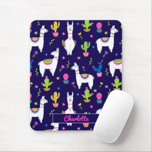 Cute Colourful Alpaca Cactus Custom Name Dark Blue Mouse Pad