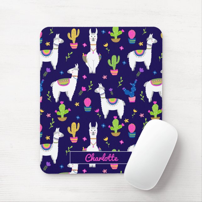 Cute Colourful Alpaca Cactus Custom Name Dark Blue Mouse Pad (With Mouse)