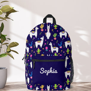 Cute Colourful Alpaca Cactus Custom Name Dark Blue Printed Backpack