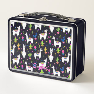 Cute Colourful Alpaca Cactus Custom Name Metal Lunch Box