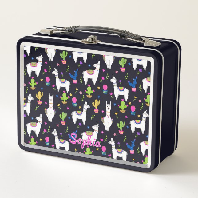 Cute Colourful Alpaca Cactus Custom Name Metal Lunch Box (Front)
