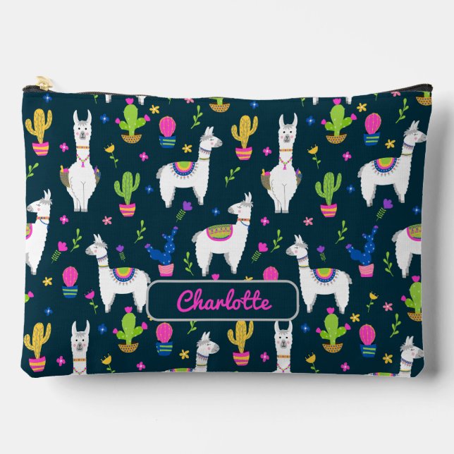 Cute Colourful Alpaca Cactus Personalized Name  Accessory Pouch (Front)
