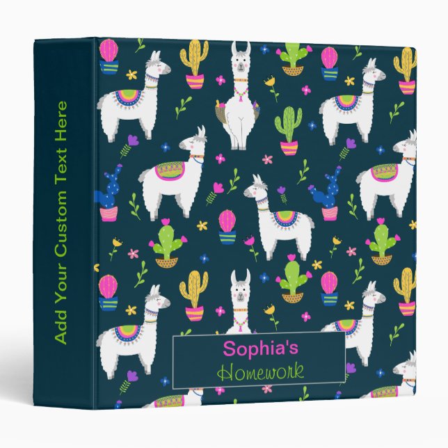 Cute Colourful Alpaca Cactus Personalized Name Binder (Front/Spine)