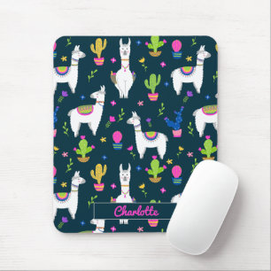 Cute Colourful Alpaca Cactus Personalized Name Mouse Pad