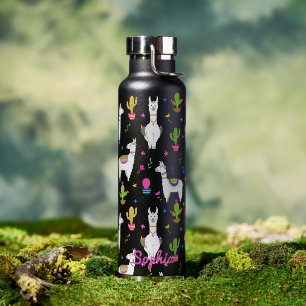 Cute Colourful Alpaca Cactus Personalized Name Water Bottle