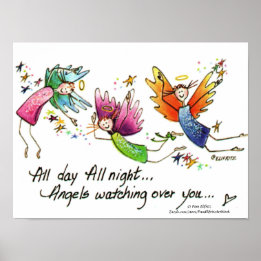 Cute Colourful Angels Watching Over Baby drawing Poster