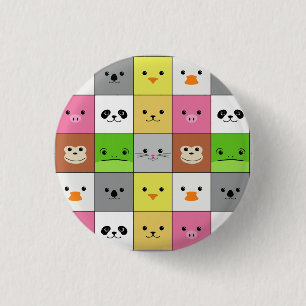 Cute Colourful Animal Face Squares Pattern Design 1 Inch Round Button