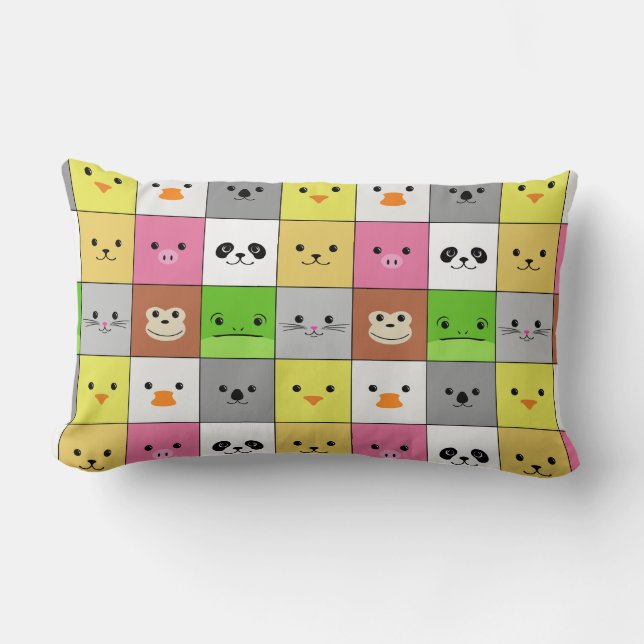 Cute Colourful Animal Face Squares Pattern Design Lumbar Pillow (Front)