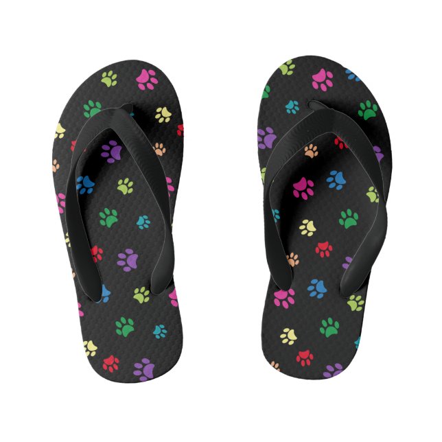 Cute Colourful Animal Paw Prints on Black Kid's Flip Flops (Footbed)