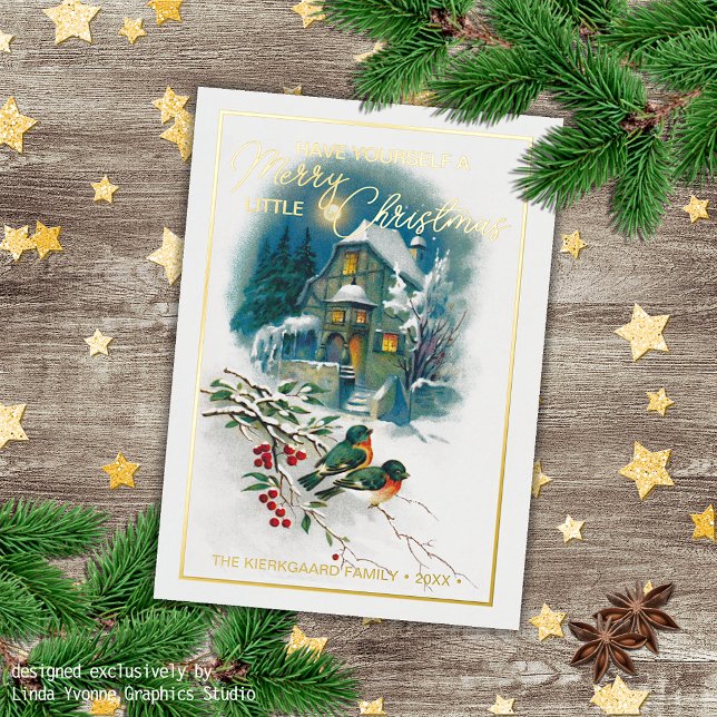 Cute Colourful Antique Seasons Greetings Gold Foil Holiday Card (Creator Uploaded)