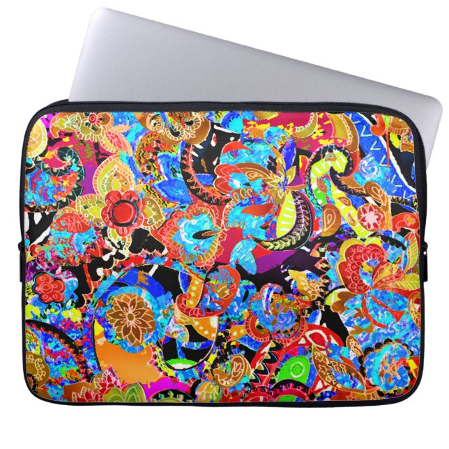 Cute colourful artistic flowers patterns laptop sleeve (Front)