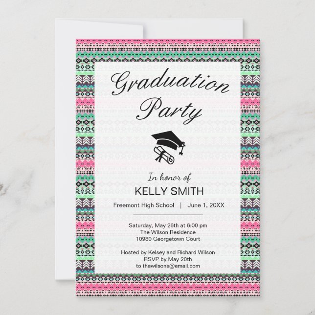 Cute colourful aztec patterns graduation party invitation (Front)