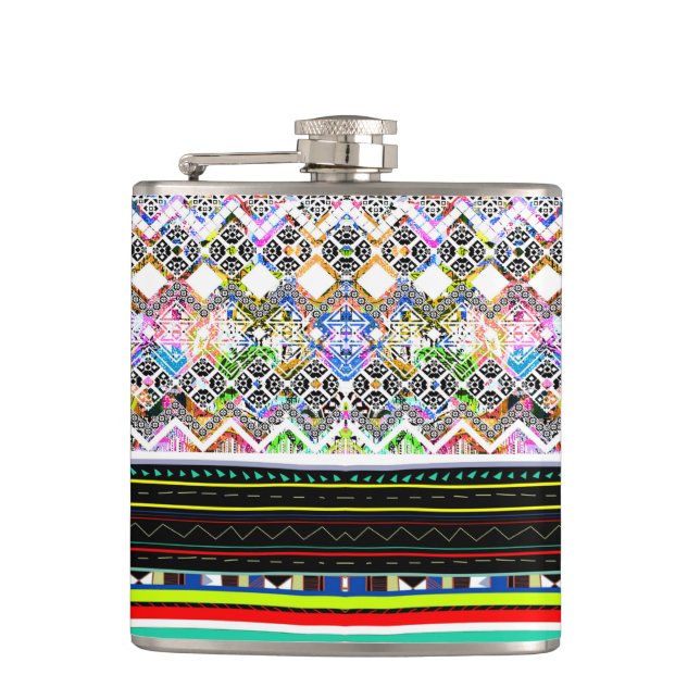 Cute colourful aztec tribal patterns hip flask (Front)