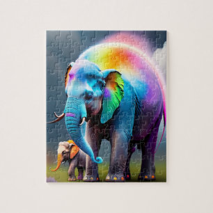 Cute Colourful Baby Elephant and Mom Elephant Jigsaw Puzzle