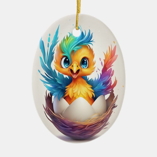 Cute Colourful Baby Phoenix Hatching Ceramic Ornament (Front)