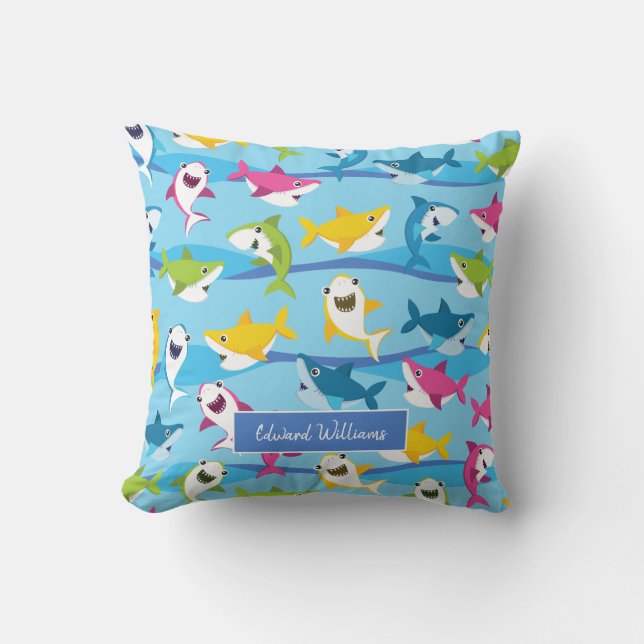 Cute Colourful Baby Shark Pattern for Little Kids Throw Pillow (Front)