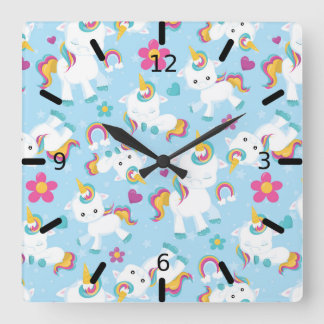 Cute Colourful Baby Unicorn Square Wall Clock