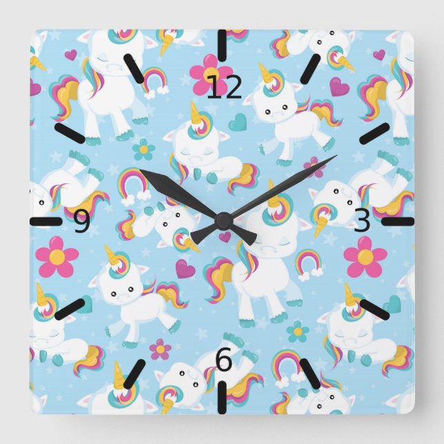 Cute Colourful Baby Unicorn Square Wall Clock (Front)
