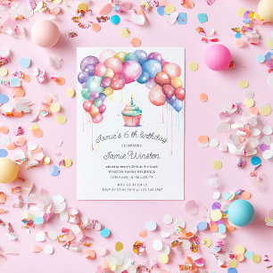 Cute Colourful Balloon Arch Cupcake Kids Birthday Invitation