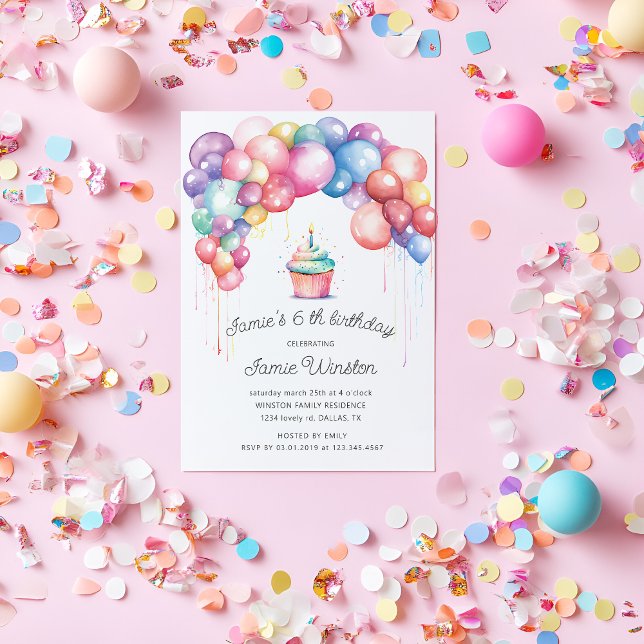 Cute Colourful Balloon Arch Cupcake Kids Birthday Invitation (Creator Uploaded)