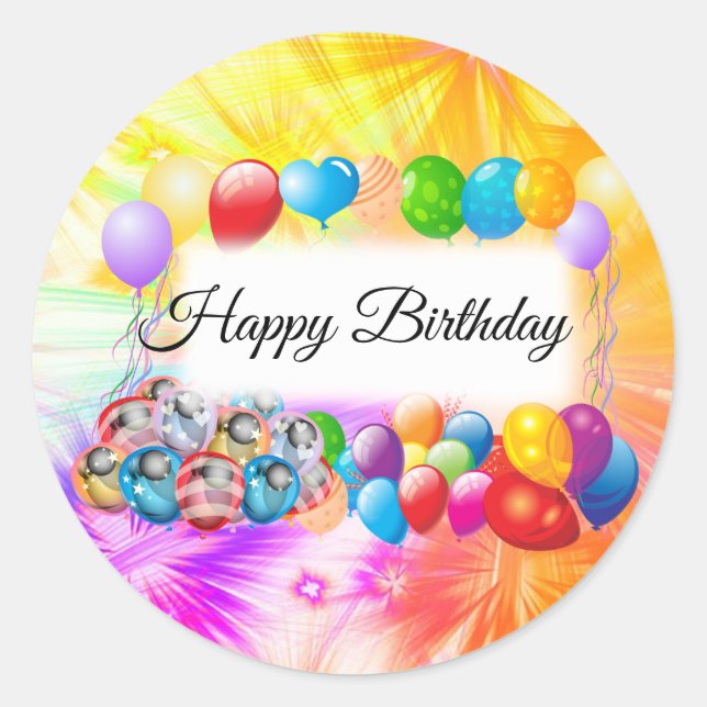 Cute, Colourful Balloons & Fireworks, Birthday Classic Round Sticker (Front)